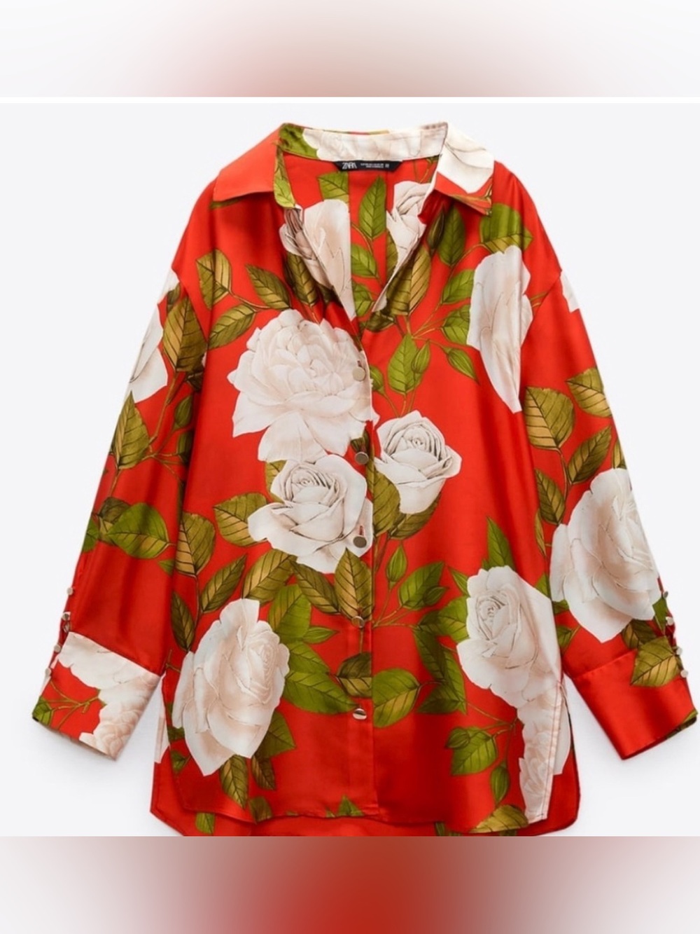 NEW Zara Coral-Red Rose Print Satin Style Button-Down Shirt Medium